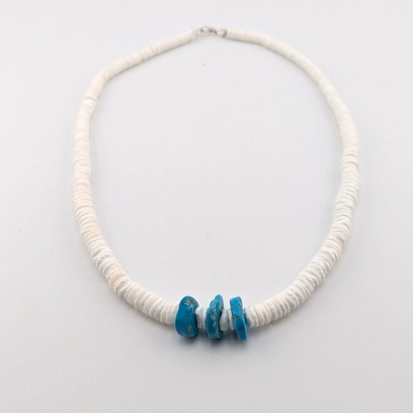 Navajo Graduated White Shell with Kingman Turquoise Beaded Necklace NA Jewelry * - Picture 3 of 11